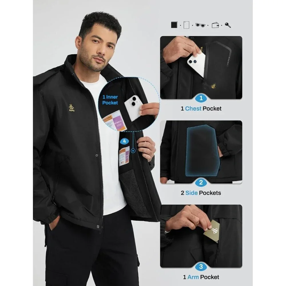 Men's Black 1 Waterproof Winter Warm Snow Coat Fleece Lined Hiking Ski Jacket